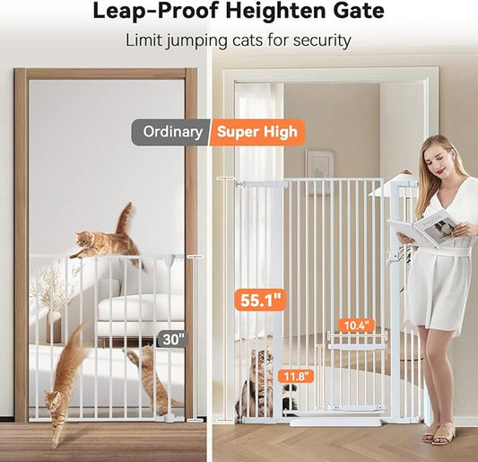 COMOMY 55.1" Extra Tall & Wide Pet Gate for Cats, 29.5-40.6" Adjustable with Door, Pressure Mounted Easy Walk Through Gate for Stairs, Doorways, Kitchen(White)