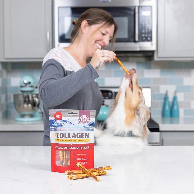 Wild Eats Real Salmon Collagen Sticks for Dogs, (15ct, 1cm Thick) Healthy Bully Stick - Long Lasting Dog Chew Treat