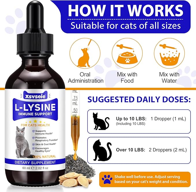 Lysine for Cats, L-Lysine for Cat Immune Support, Allergy Relief, Sneezing & Runny Nose, with Colostrum, Taurine, Vitamins - Roast Chicken Flavor - 60ml/2oz