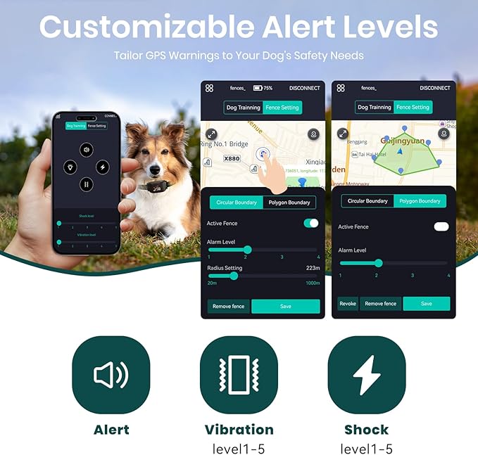 GPS Dog Electronic Fence, Wireless Training Collar- No Subscription Required, Customizable Boundaries via App 3280 FT, IPX7 Waterproof Rechargeable Collar, Smart Training Fence, Automatic Sleep/Wake