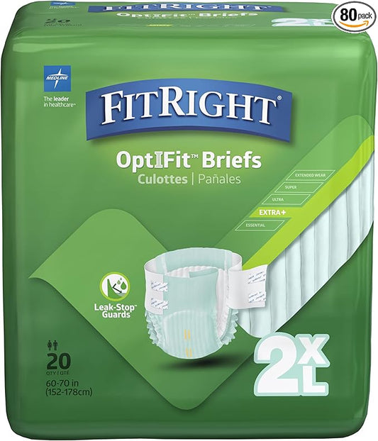 FitRight Adult Diapers, Extra+ Heavy Absorbency, 2XL (Waist Size 60in-70in), 80 Count, OptiFit Incontinence Briefs for Men and Women, Disposable, Moisture-Wicking, Leak Protection,