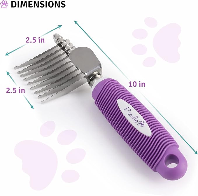 Poodle Dematting Fur Rake Comb Brush for Dogs and Cats - Long 2.5" Steel Safety Blades Metal Comb for Detangling Matted or Knotted Undercoat Hair