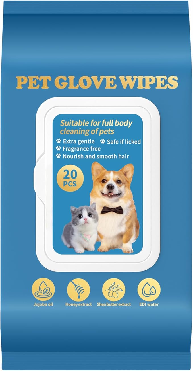 20 PCS Pet Glove Wipe, Cleaning Glove for Dog and Cat, Fur Face, Ear, Eye, Paws Cleaning Wipes, Pet Wash Free Gloves, Cleaning Grooming Wipes for Daily Care and Traveling, No Rinse, Gentle, Thickened