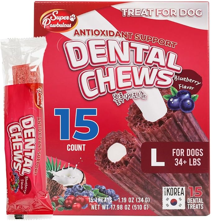 SuperPaw Dental Chews for Dogs - Healthy Dog Dental Treats for Teeth and Gums, Natural Chew Toy Alternative, Teeth & Gum Cleaning - Large, Blueberry, Pack of 1