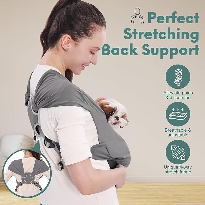 Supet Dog Sling Carrier for Small Pets, Hands Free Front Cat Sling, Reducing Back Neck Pain Anti-Anxiety, Adjustable Soft Carrying (Grey, Plus)