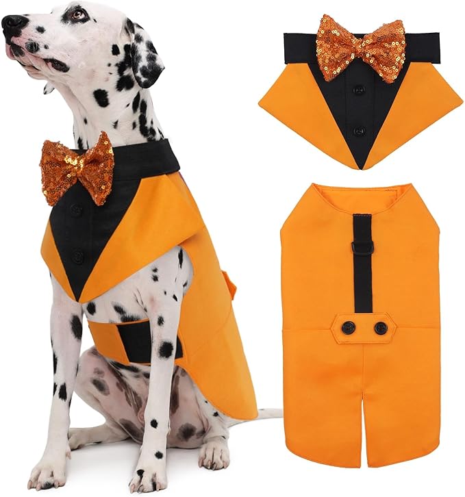 Kuoser Dog Tuxedo Suit and Bandana Set, Pumpkin Color Dogs Thanksgiving Outfit Adjustable Dog Halloween Costume with Bow Tie for Large Medium Small Dogs Golden Retriever Samo Bulldogs, L