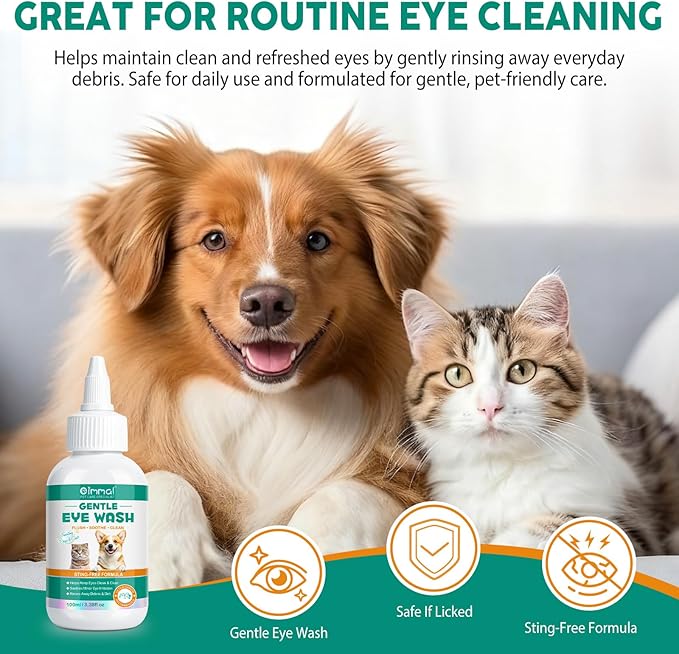 Dog and Cat Eye Wash | Pet Eye Drops for Daily Cleaning & Tear Stain Removal | Safe Lickable Formula, Helps Keep Eyes Clean & Clear | Soothes Irritation & Dry Eyes, 3.38 Fl Oz