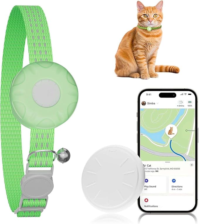 GPS Tracker for Cats, Compatible with Apple Find My App (Only iOS), No Monthly Fee, Waterproof (White Tracker, Green Cat Collar)