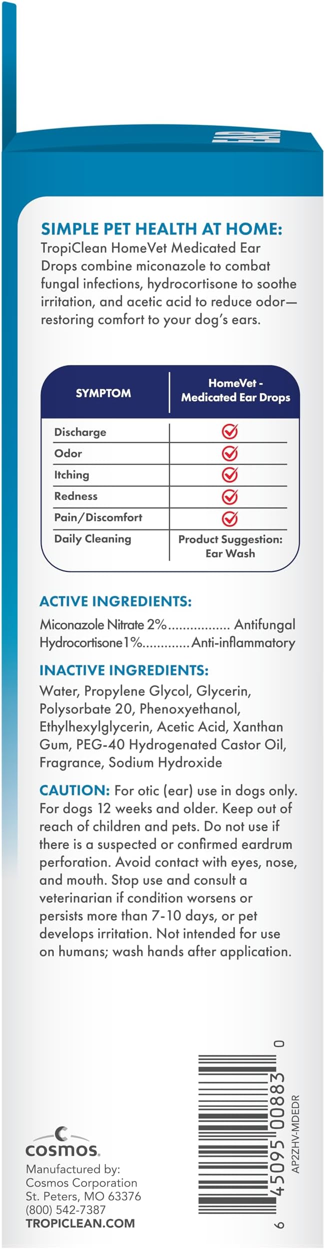 TropiClean HomeVet Medicated Dog Ear Drops, Vet Recommended Daily Dog Ear Cleaner, Fungal & Yeast Treatment, USA Made, 1 oz