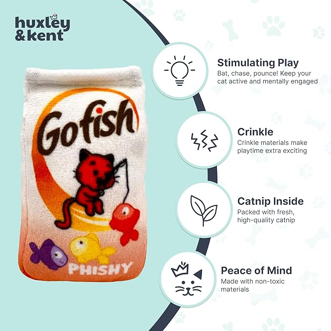 Huxley & Kent Plush Cat Toy - Interactive Catnip Toy for Cats & Kittens - Soft with Crinkle & Catnip - Fun Indoor Play - Go Fish Phishy