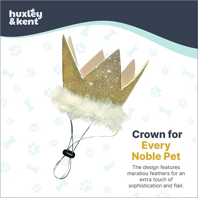 Huxley & Kent Pet Party Crown – Adjustable Glitter Crown Hat with SnugFit Straps – Party Accessory for Dogs & Cats – Gold, Large