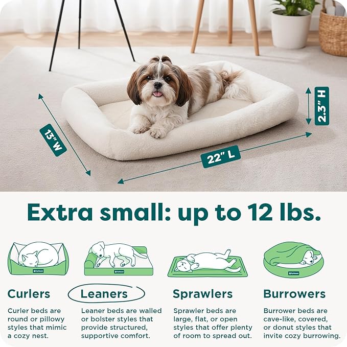 FurHaven Dog Bed for Extra Small Dogs & Cats, Bolster Crate Pad with Soft Supportive Base for Carriers & Kennels, Machine Washable, Extra Small, Sherpa Fleece, Cream