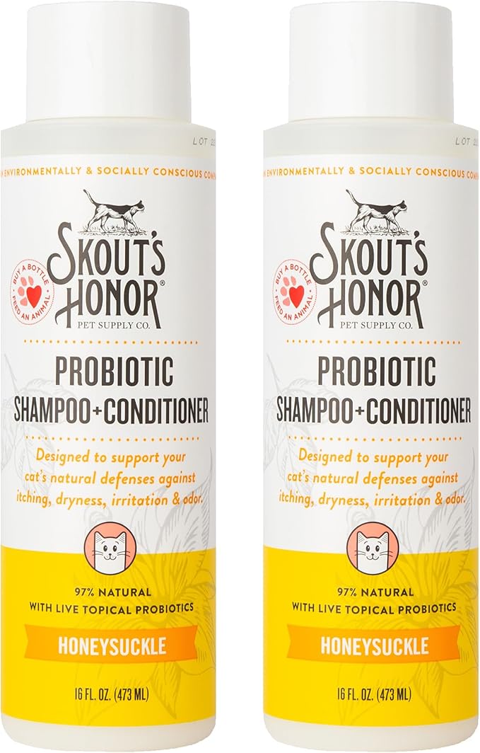 Skout's Honor Probiotic Cat Shampoo & Conditioner with Avocado Oil & Omega-3s, 97% Natural, Paraben & Sulfate-Free, Cruelty-Free, 16oz, Honeysuckle, 2-Pack