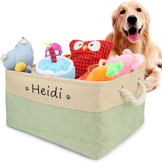 Dog Toy Box Storage Basket Bin with Personalized Custom Pet's Name Collapsible Rectangular Storage Bag For Organizing Dogs cat Clothes，Shoes，Pet Accessories (Green, M)