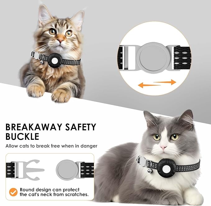 Cat GPS Tracker, Smart Cat Tracker Compatible with Apple Find My App (Only iOS), No Monthly Fee, Waterproof (White Tracker, Black Cat Collar)