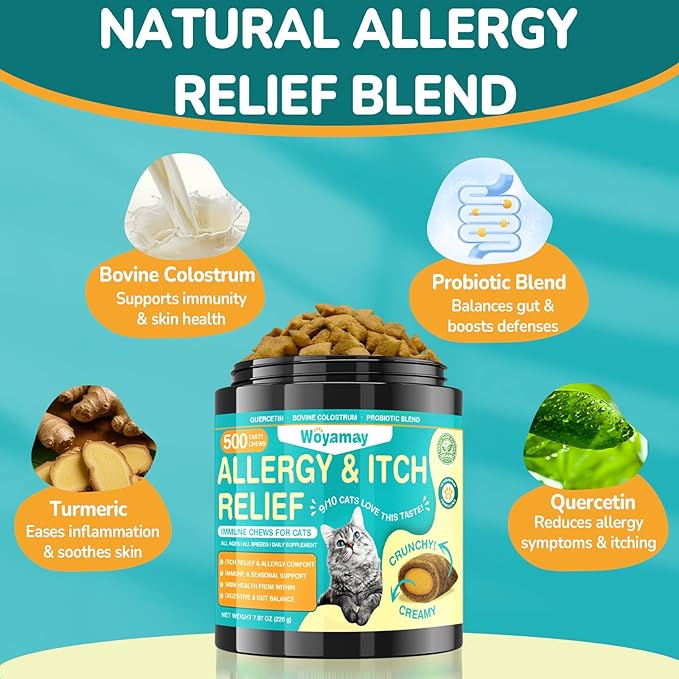 Cat Allergy Relief Chews & Dog Probiotic Bundle, 500 Crunchy & Creamy Anti-Itch Chews for Cats + 200 Soft Probiotic Treats for Dogs | Supports Itchy Skin, Immunity & Digestive Health, Chicken Flavor