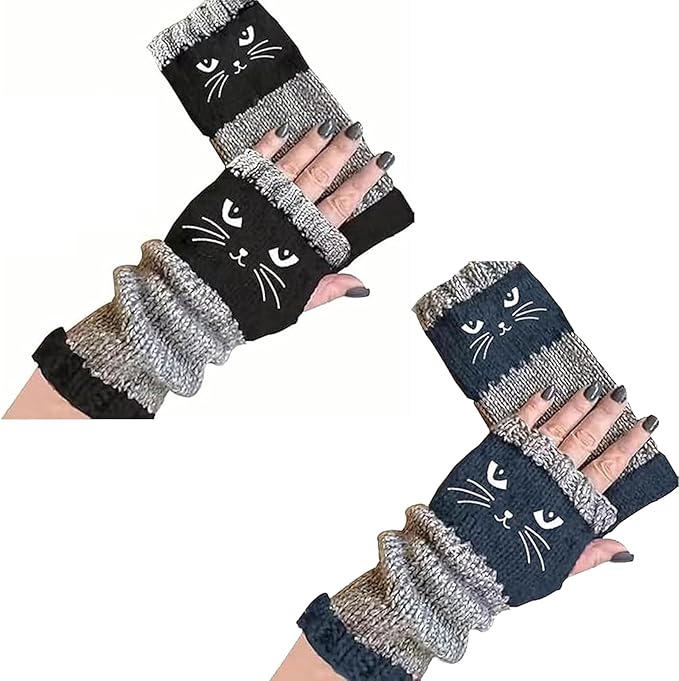 Fingerless Cat Gloves, Cute Cat Embroidery - Cat Embroidery Splicing Knitted Gloves, Warm Casual Women's Glove