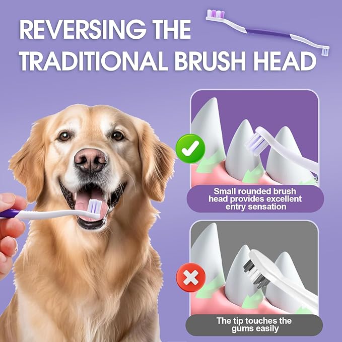 Dog Toothbrush – Newly Upgraded Dual-Head Design with 60° Wavy Bristles–Gently Surrounds Teeth for Deep Cleaning and Plaque Removal – Non-Slip Handle, Ideal for Daily Pet Dental Care (Purple, 6-Pack)