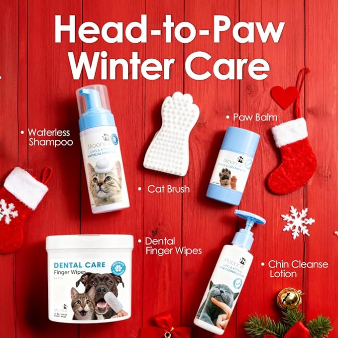 Mooncat Set – Waterless Shampoo, Paw Balm & Dental Wipes – Holiday Grooming Kit & Stocking Stuffers for Cat Lovers, Limited Edition
