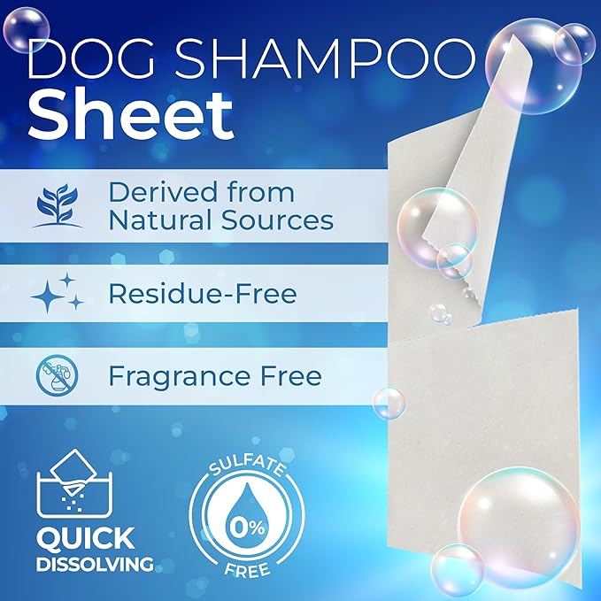 Dog Shampoo Sheets - Water Activated Hypoallergenic Shampoo Sheets for Dogs & Puppies - Lick-Safe, Gentle Hypoallergenic Plant-Based Formula - Portable & Tear-Free Travel-Friendly, Easy to Use