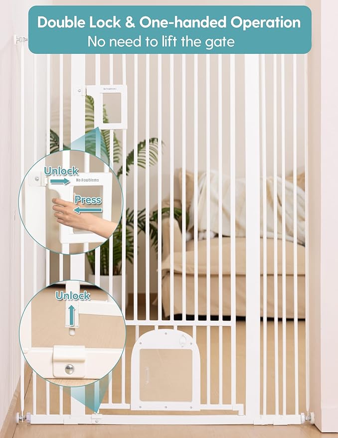 No Pawblems 55" Extra Tall Pet Gate with Adjustable Cat Door, 29-43" Auto Close Tall Dog Gate, NO Drilling Pressure Mounted for Doorways/Hallways, 1.37" Narrow Bar Spacing, White