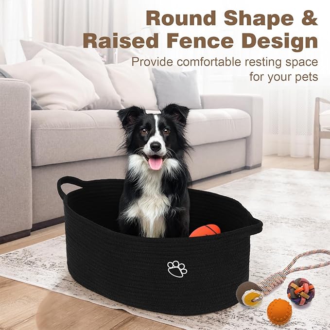 Dog Toy Basket, Toy Box and Bin for Dog Cat Storage, 19.7" X 11" X 7.9" (30L) Large Woven Rope Basket for Blanket Storage, Living Room, Bedroom, Bedroom, Black
