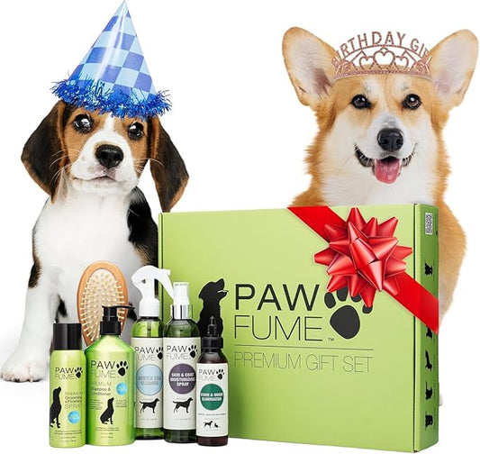 Pawfume Dog Gift Basket, 6-Piece Box – Give Your Pup a Spa-Quality Coat & Odor-Free Freshness – Probiotic Deodorizer Spray, Hypoallergenic Grooming Mist & Premium Brush – Dog Gift Boxes for All Breeds