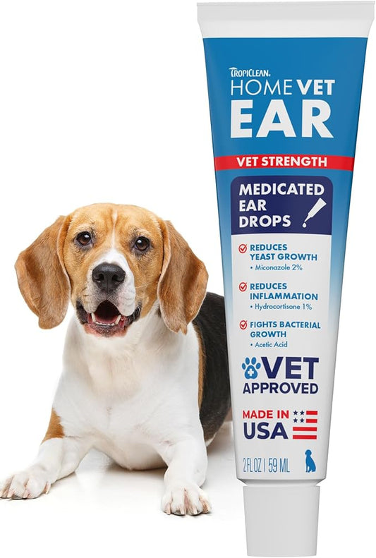 TropiClean HomeVet Medicated Dog Ear Drops, Vet Recommended Daily Dog Ear Cleaner, Fungal & Yeast Treatment, USA Made, 1 oz