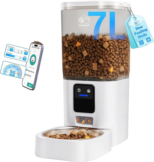 Automatic Cat Feeder with Slow Feed: 5G WiFi Automatic Dog Feeder with APP Control, 7L Timed Auto Cat Food Dispenser with Alexa for Multiple Pets, Detachable for Easy Cleaning - 29 Cup
