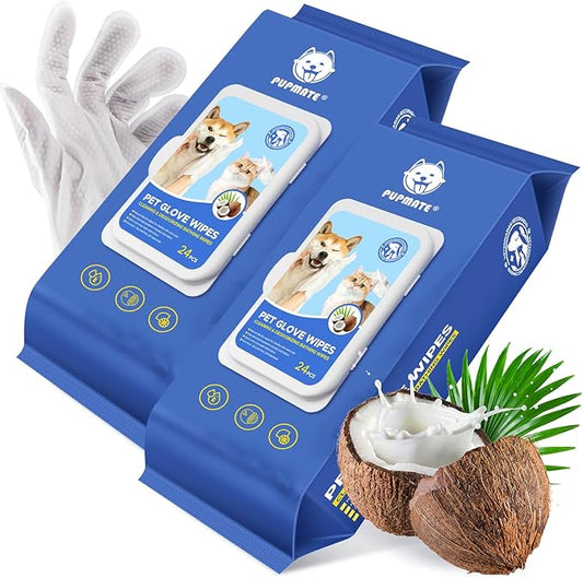 Pet Cleaning Glove Wipes for Dogs & Cats, Hypoallergenic Deodorizing Disposable No-Rinse Grooming Wipes, Wipes, Perfect for Pet Dry Cleaning, Daily Care and Travel, Coconut Scent, 48 pcs