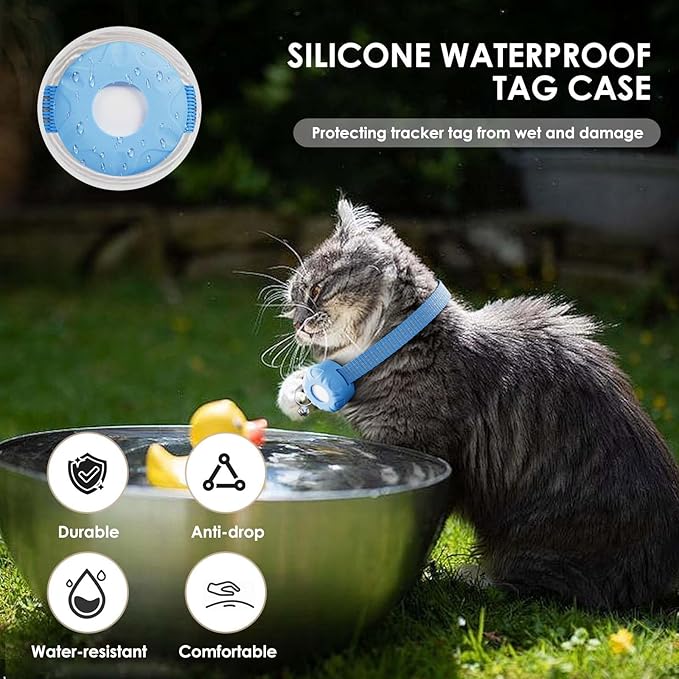 GPS Tracker for Cats, Compatible with Apple Find My App (Only iOS), No Monthly Fee, Waterproof (White Tracker, Blue Cat Collar)