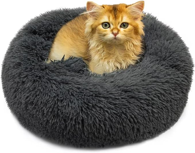 Cat & Dog Beds, Fluffy Round Pet Bed Non-Slip, Calming Soft Plush Donut Cuddler for Indoor Small Dogs Kittens, 15 inches Cat Bed Machine Washable, Dark Gray