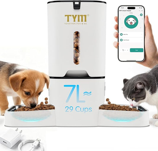 TYM Dual Automatic Cat Feeder 2 Cats, 7L Pet Feeder Food Dispenser with Slow Feed, Timed Cats Food Dispenser Automatic for Large Kibble, 2.4G WiFi, Smart App Control, Steel Double Bowls Easy to Clean