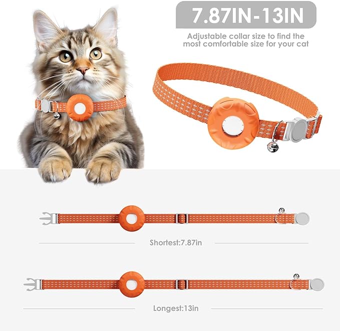 Smart Cat GPS Tracker, Cat Tracker Collar with Safety Elastic Buckle, Compatible with Apple Find My App (Only iOS), No Monthly Fee, Waterproof (White Tracker, Orange Cat Collar)