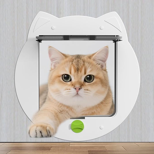 Cat Flap Door for Kitties, 4 Way Locking Pet Door for Interior Exterior Doors, Kitty Door, Indoor, Secured Installation in Minutes（White）