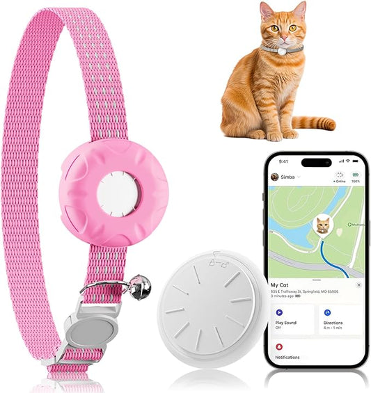 Cat GPS Tracker, Compatible with Apple Find My App (Only iOS), No Monthly Fee, Waterproof (White Tracker, Pink Cat Collar)