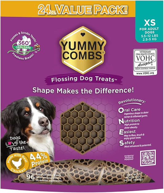 Yummy Combs Dog Dental Treats – Vet VOHC Approved – Delicious Chicken Protein – Removes Tartar with Cleaning Comb Shape – Dental Dog Treats for Extra Small Dogs (24oz, 96 Count)