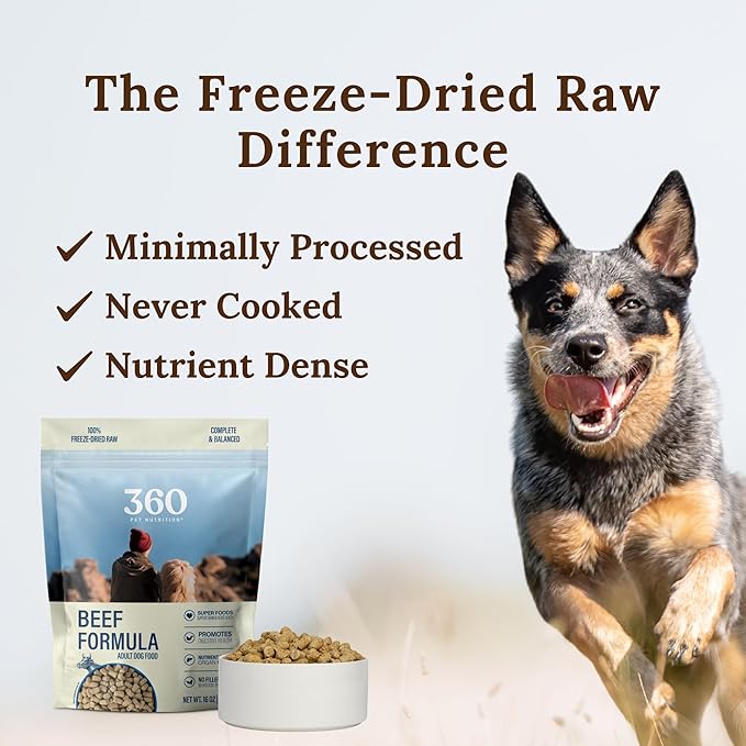 360 Pet Nutrition Freeze-Dried Raw Dog Food – Beef Recipe with Liver & Organs, High Protein with Omega-3s, Fruits, Veggies & Superfoods, Grain-Free, No Fillers, 3 lb – Made in USA