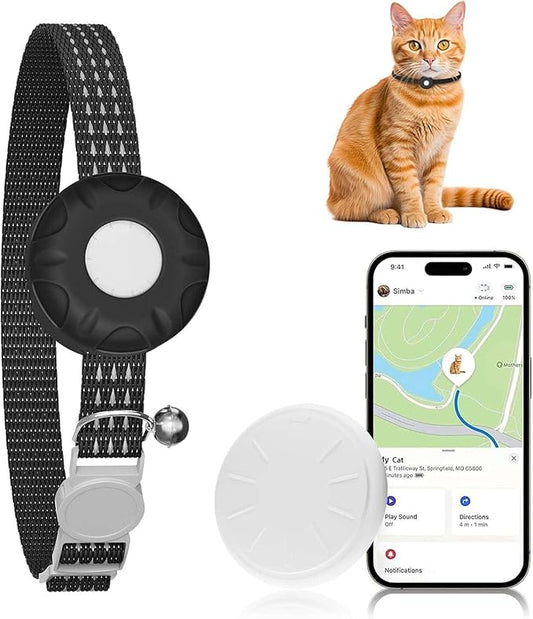 Cat GPS Tracker, Smart Cat Tracker Compatible with Apple Find My App (Only iOS), No Monthly Fee, Waterproof (White Tracker, Black Cat Collar)