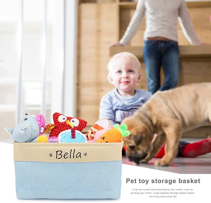 Dog Toy Box Storage Basket Bin with Personalized Custom Pet's Name Collapsible Rectangular Storage Bag For Organizing Dogs cat Clothes，Shoes，Pet Accessories (Light blue, S)
