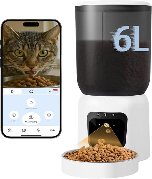 Automatic Cat Feeder with 2K HD Camera, 2.4/5G WiFi 6L Pet Feeder Automatic for Cats & Dogs, Dog Automatic Feeder APP Control, Programmable Cat Food Dispenser with Night Vision,Two-Way Audio (White)