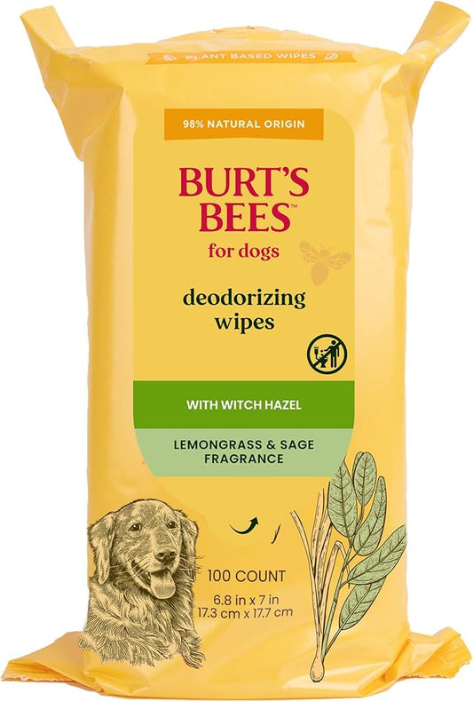 Burt's Bees Dog Wipes for Daily Grooming - Deodorizing Pet Wipes for Dogs, Cleans Paws & Face - A Waterless Bath & Dog Grooming Supply with Witch Hazel - Plant Based Dog Wipes, 100 Count