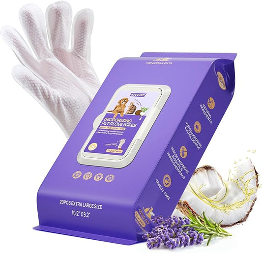 HICC PET Cleaning Deodorizing Glove Wipes for Dogs & Cats, Vet Recommended Hypoallergenic Hydrating & Nourish Fur Pet Grooming Glove Wipes, Pet Bathing Wipes for Horse Coat Care,20pcs Verbena Scent
