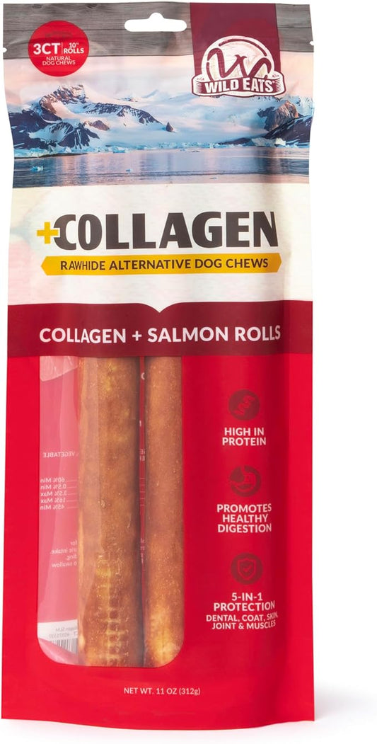 Wild Eats Salmon Flavor Collagen Retriever Style Cheek Roll 10" Dog Chews-3 Pack (Long Lasting Dog Chews Treats & Bones for Medium Dogs) Substitute for Pig Ears for Dogs