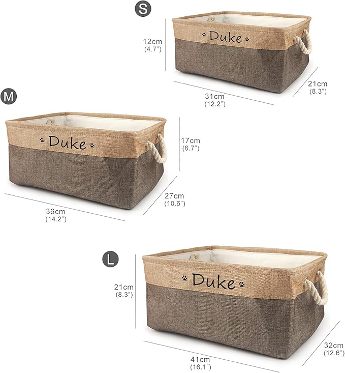Dog Toy Box Storage Basket Bin with Personalized Custom Pet's Name Collapsible Rectangular Storage Bag For Organizing Dogs cat Clothes，Shoes，Pet Accessories (Coffee, S)