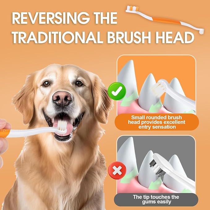 Dog Toothbrush – Newly Upgraded Dual-Head Design with 60° Wavy Bristles–Gently Surrounds Teeth for Deep Cleaning and Plaque Removal – Non-Slip Handle, Ideal for Daily Pet Dental Care (Orange, 2-Pack)
