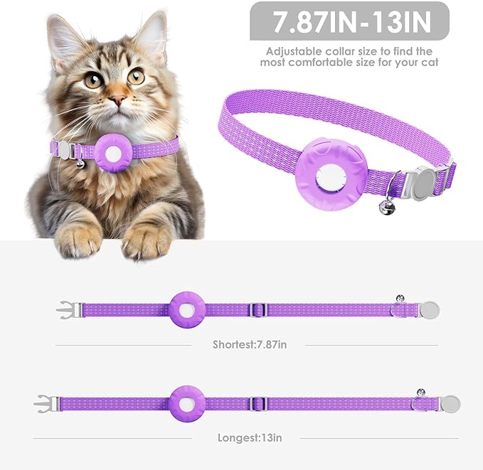 GPS Tracker for Cats, Cat Tracker Compatible with Apple Find My App (Only iOS), No Monthly Fee, Breakaway Collar Included (White Tracker, Purple Cat Collar)