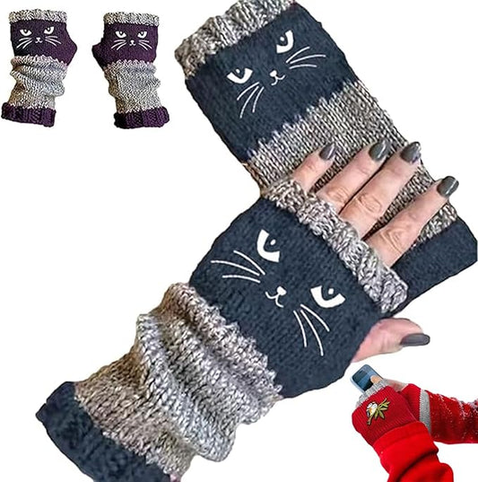 Fingerless Cat Gloves, Cute Cat Embroidery - Cat Embroidery Splicing Knitted Gloves, Warm Casual Women's Glove