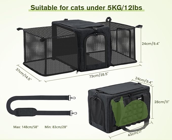 Pecute Cat Carrier Expandable, Airline Approved Cat Soft-Sided Carriers, Breathable Pet Carriers up to 5kg/12lbs, Collapsible Cat Bag Carrier Great for Travel, Outdoor, Hiking, Camping, Dark Gray