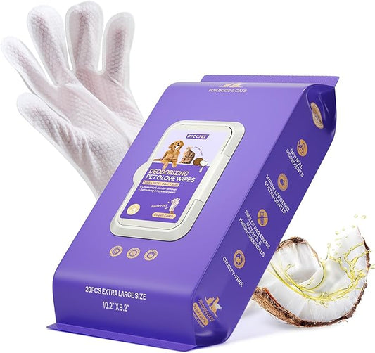 HICC PET Cleaning Deodorizing Glove Wipes for Dogs & Cats, Vet Recommended Hypoallergenic Hydrating & Nourish Fur Pet Grooming Glove Wipes, Pet Bathing Wipes for Horse Coat Care,20pcs Coconut Scent